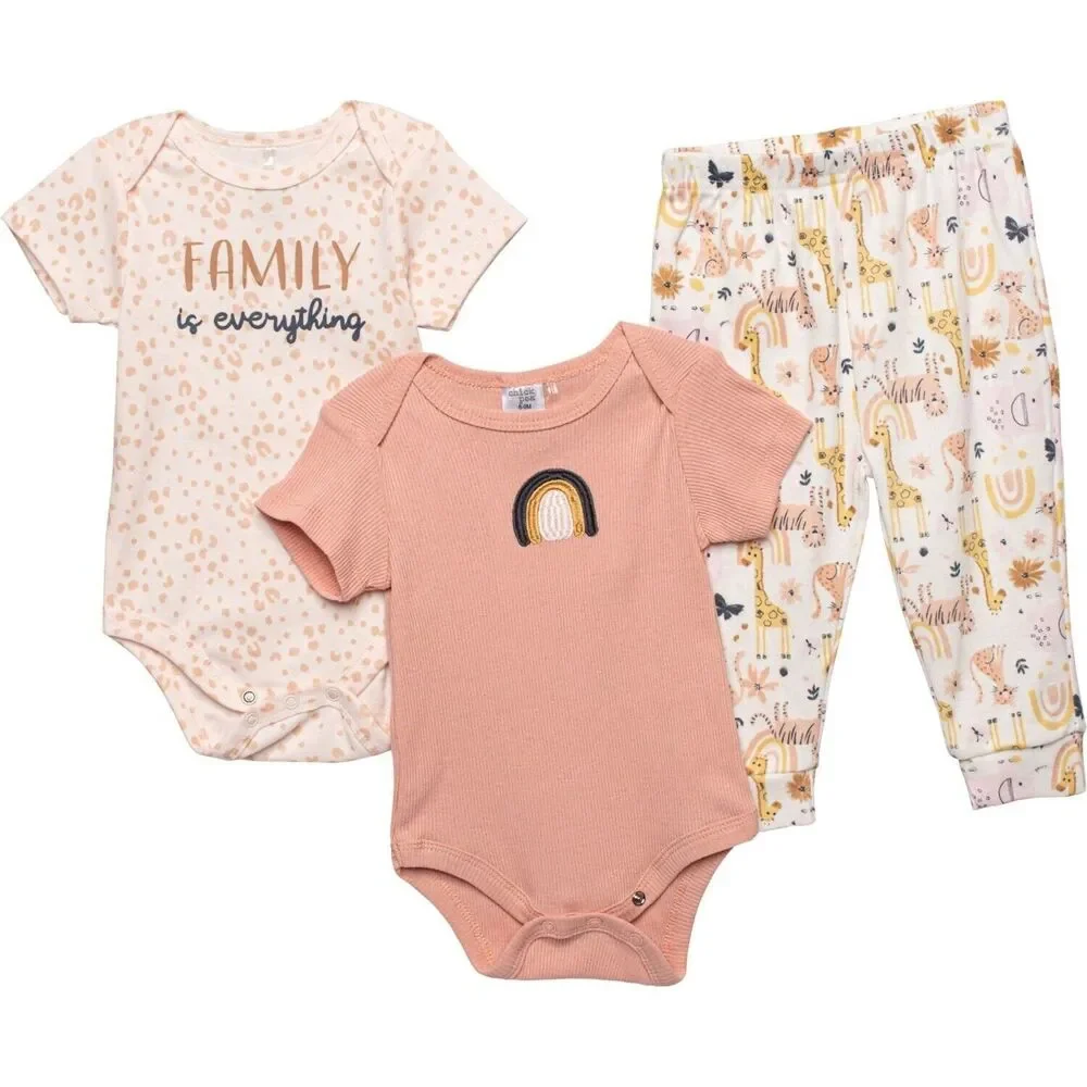 Chick Pea Infant Girls Baby Bodysuit and Joggers Set - 3-Piece, Short Sleeve 3M - Picture 1 of 2